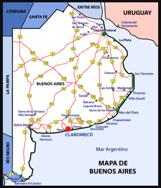 Mapa que muestra rutas y ubicación de Claromecó en la provincia de Buenos Aires